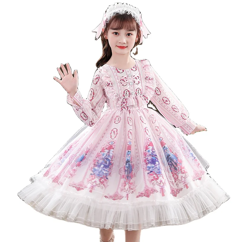 

girls Lolita dress autumn winter children plush Lolita pink printed princess dress, As picture