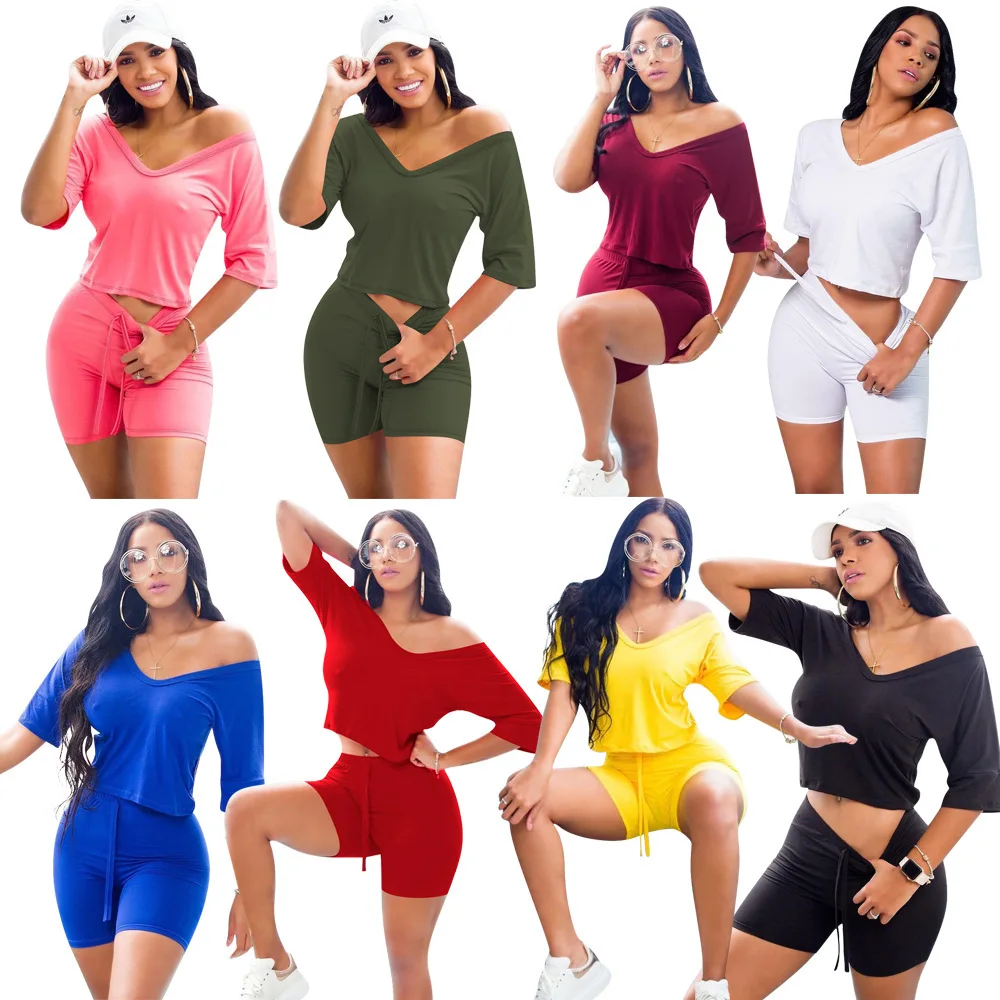 

Casual Ladies Home Outfits Short Sleeve Loose Tops Drawstring Shorts Summer Women 2 Piece Pants Sets, Shown