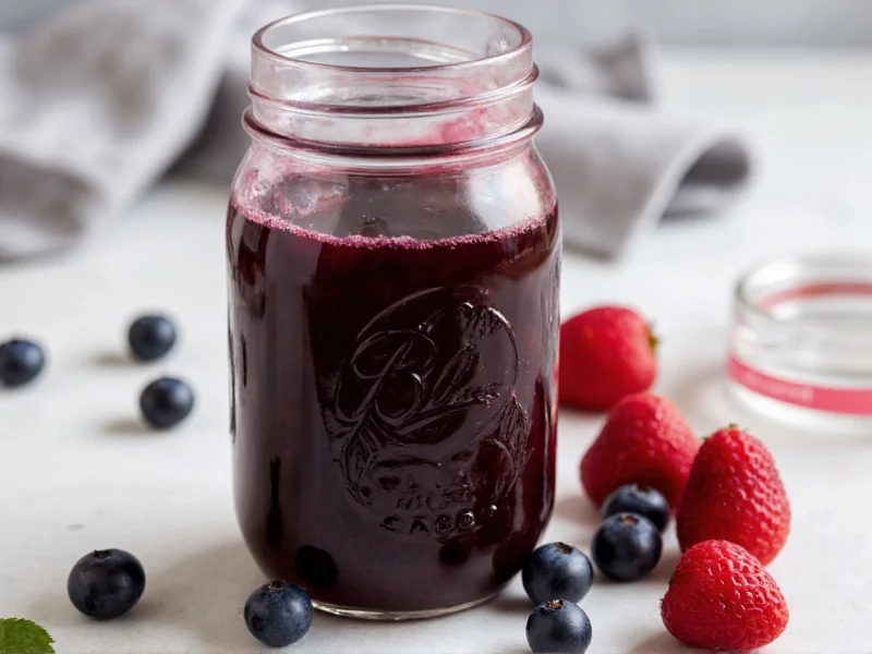 Homemade blueberry syrup in mason jar with fresh berries