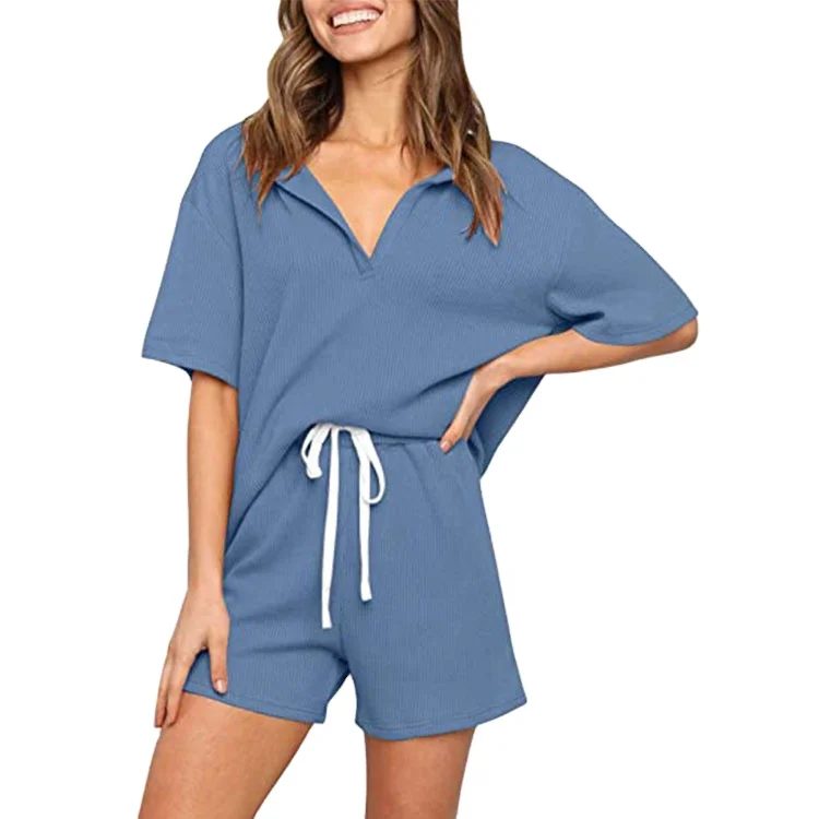 

S0064B Fashion Design 2021 European And American Women's Wear Home Solid Color Short Sleeve Casual Two-piece Suit