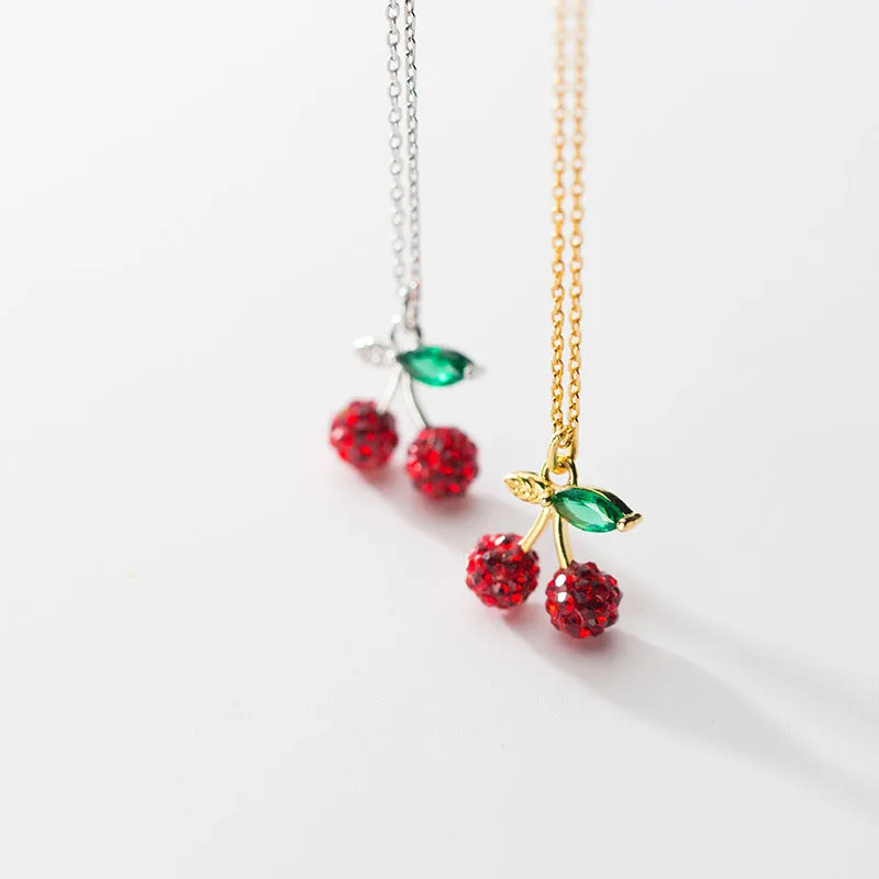 Unique Design S925 Sterling Silver Sweet Cherry Fruit Red Zircon Pendant Necklace Women Girl Fine Jewelry