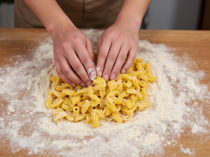 Hands kneading golden pasta dough on wooden table with flour