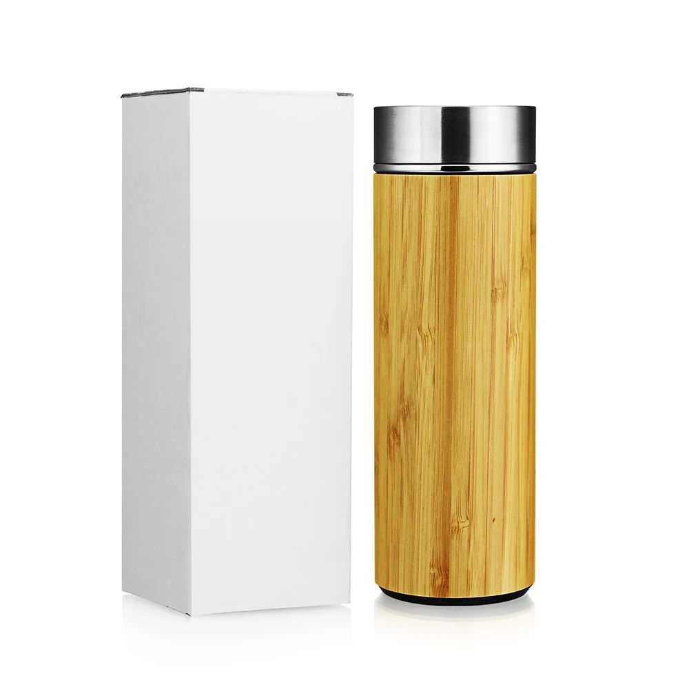 

Hotsale Vacuum Double Wall S/S 304 Food Grade Flasks Thermos Drinking Tea Infuser Water Bottles With eco friendly Bamboo shell