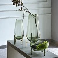 

Bixuan Fruit Bowl Terrarium Glass Hydroponic Planter Holder Water Plant Containers Brass Stand Green Flower Vase Centerpiece