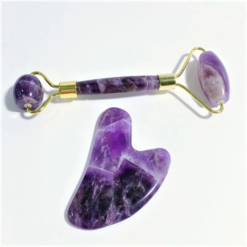 

2020 factory price massager gua sha set skin gold plated pladtich handle facial care natual amethyst jade roller for face, Purple roller gua sha set