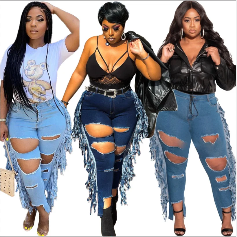 

Hot Sale Best Price Women Clothing Sexy Casual Ladies Skinny Patchwork Tassel Plus Size Ripped Jeans Women Jeans Pants For Women