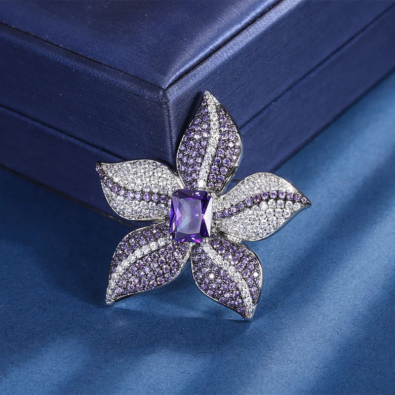 

8*10 women's brooch European and American diamond simulation purple orchid zirconium flower brooch accessories
