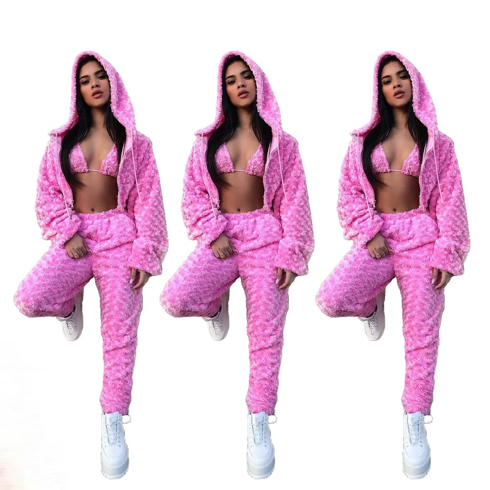 

Foma Clothing 3 Piece Tracksuits Custom 3 Piece Plush Sweat Suits Winter 3 Piece Thick Sets For Women, As pictures