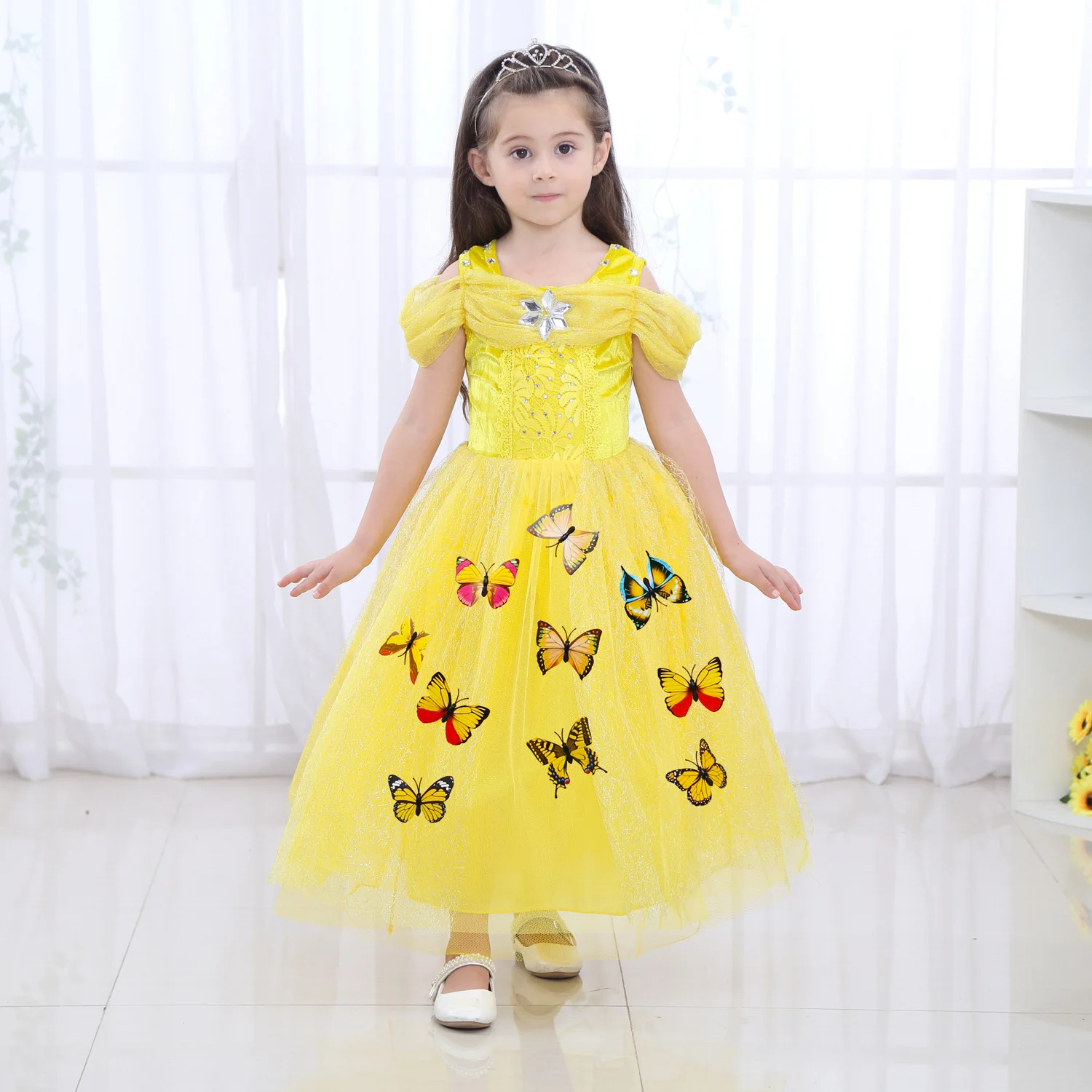 

Butterfly Cinderella Dress for Children's Clothes Girls Tutu Dresses Birthday Party Costumes Long Dress BXHD03, Yellow,pink,white