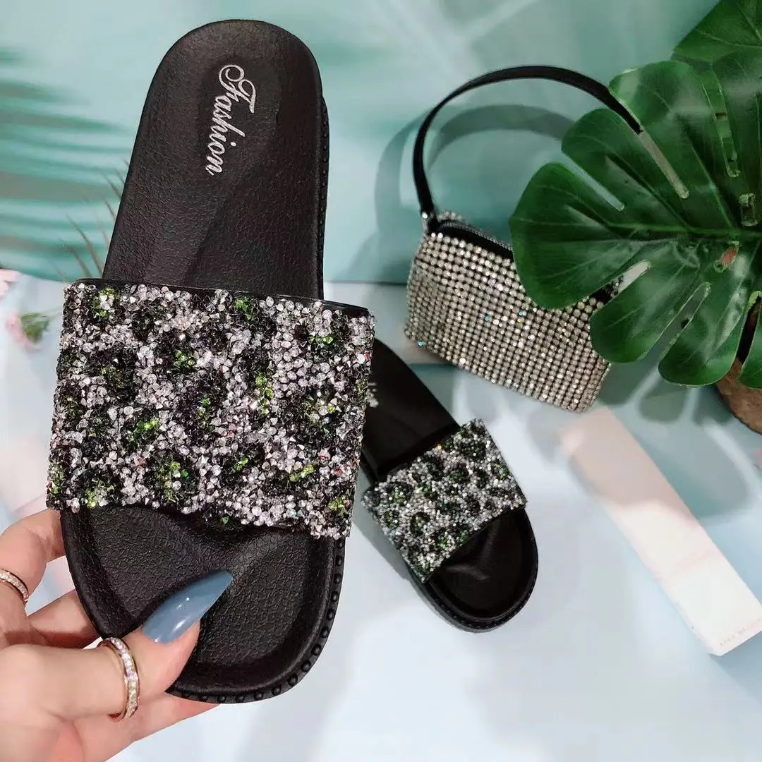 

2021 newest Women matching slippers and bag purse set Casual flat Slippers evening diamond handbag and shoes, Blue, red, pink,black