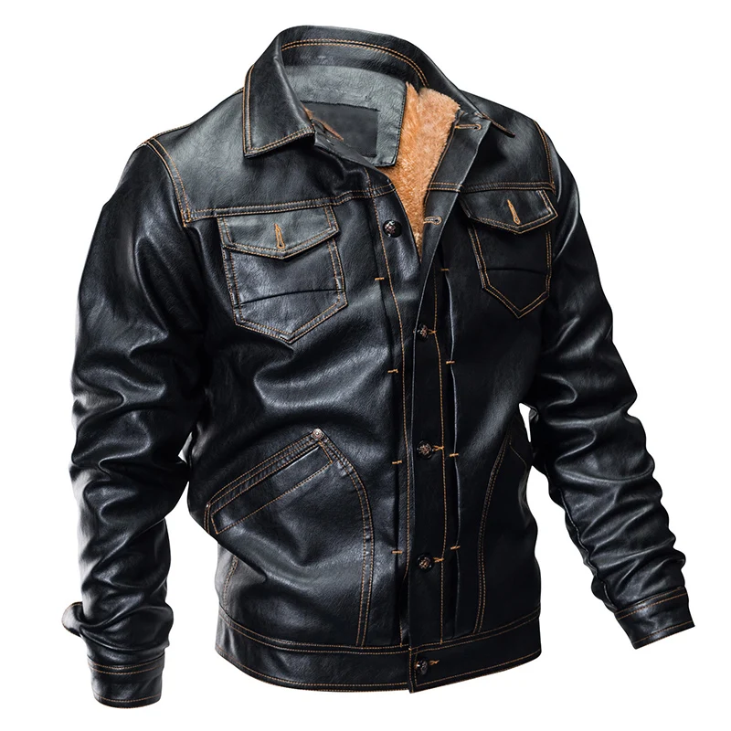 

Mens Winter Coat Brown Black Color Bomber Leather Jacket with Front Pockets, Black, brown