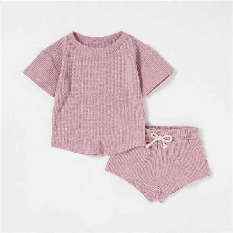 

Short Sleeve Plain Summer Baby Pajama Set Baby Waffle Clothing Custom, Plain dyed(10 colors in stock)