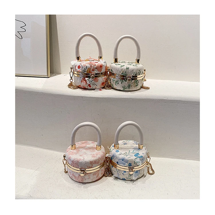 

Sweet Girls Lace Flowers Printed Small Crossbody Bags Flower Applique Design Women Picnic Handbags Summer Top Handle Bucket Bag
