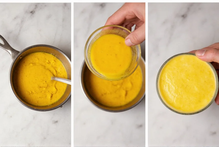 Step-by-step preparation of turmeric spice latte showing paste creation, heating process, and final frothy drink
