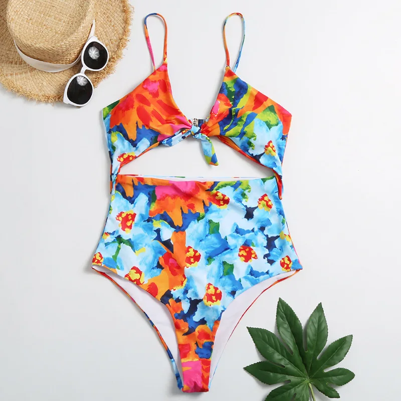 

Customer Made Knot Cutout Sling OEM Swimsuit One Piece Floral Swimming Costume Girls Swimwear 2020 Sexy