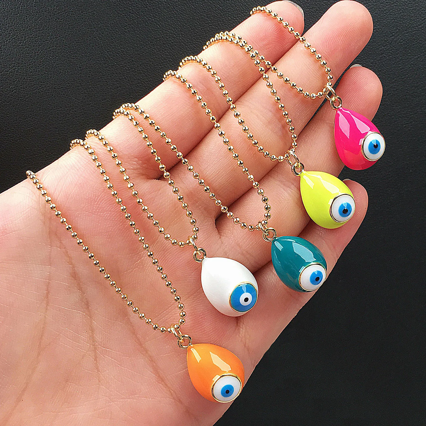 

Fashionable Boho Multi Color Water Drop Enamel Blue Turkish Eye Necklace Round Beads Chain Oil Drip Evil Eyes Necklace