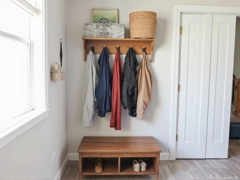 Finished diy hall tree with coats and shoes in narrow entryway