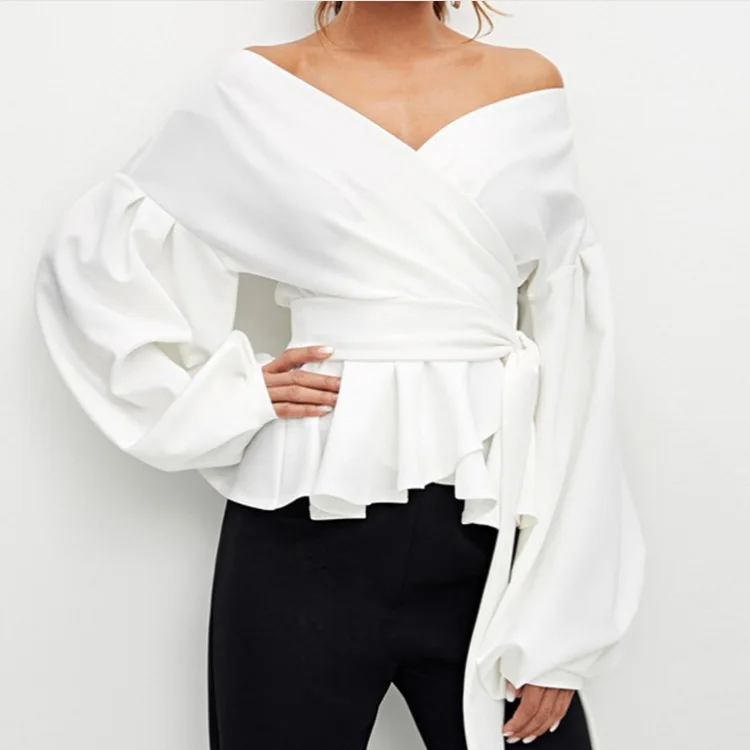 

Womens Long Sleeve Clothing Wrap V-Neck White Women Blouse Ready To Ship, Picture