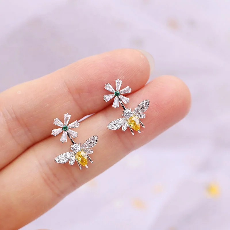 

New original Crystal Bee Flower Earrings Zircon Stud Earrings for Women girl Fine Jewelry gifts