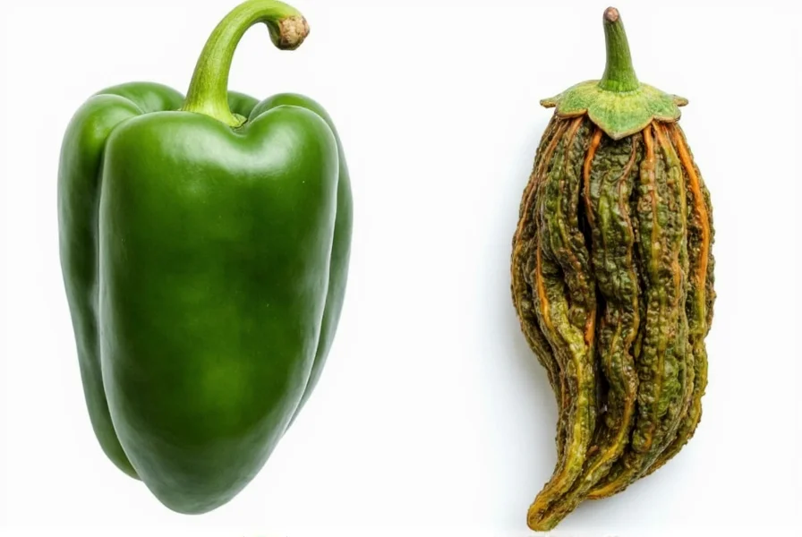 Side-by-side comparison of fresh poblano pepper and dried pasilla pepper showing their distinct shapes and colors