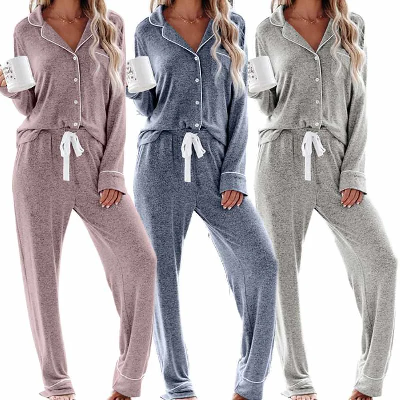 

2021 Custom New Fashion Comfortable Long Sleeve Women's 2 Pcs Pajama Set Knit Women Pajamas