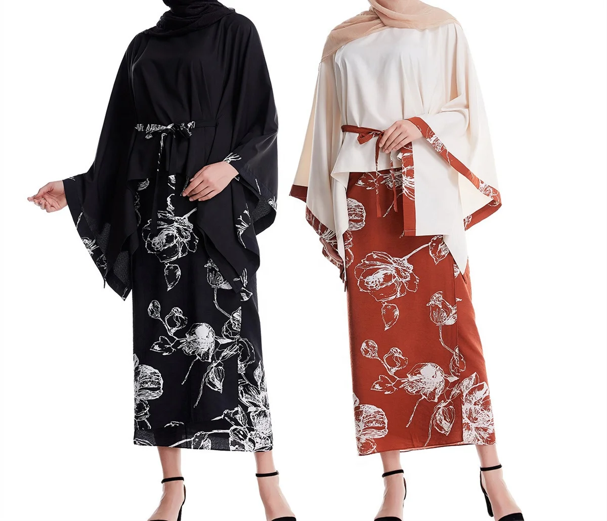 

FREE SHIPPING Malaysia Moden Fashion Long Sleeve Batwing Cuff 2Piece Suit Muslim Islamic Women Dresses Set Clothing Baju Kurung, Black,beige