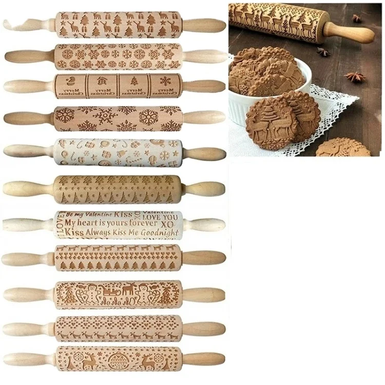 

100-styles Paisley Embossed Wooden Rolling Pin with Christmas Different Pattern for Baking Embossed Cookies