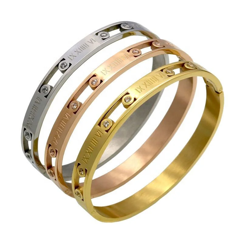 

New Product Engraved Roman Numerals Silver Color 316L Stainless Steel Zircon Snap Joint Bracelets, Silver,rose gold,gold