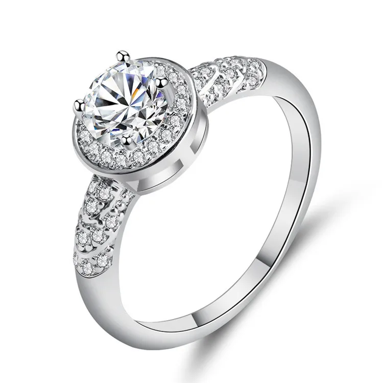 

14K White Gold Plated Brilliant Round Cut Crystal Diamond CZ Ring 4 Prong Solitaire Engagement Wedding Ring, As picture