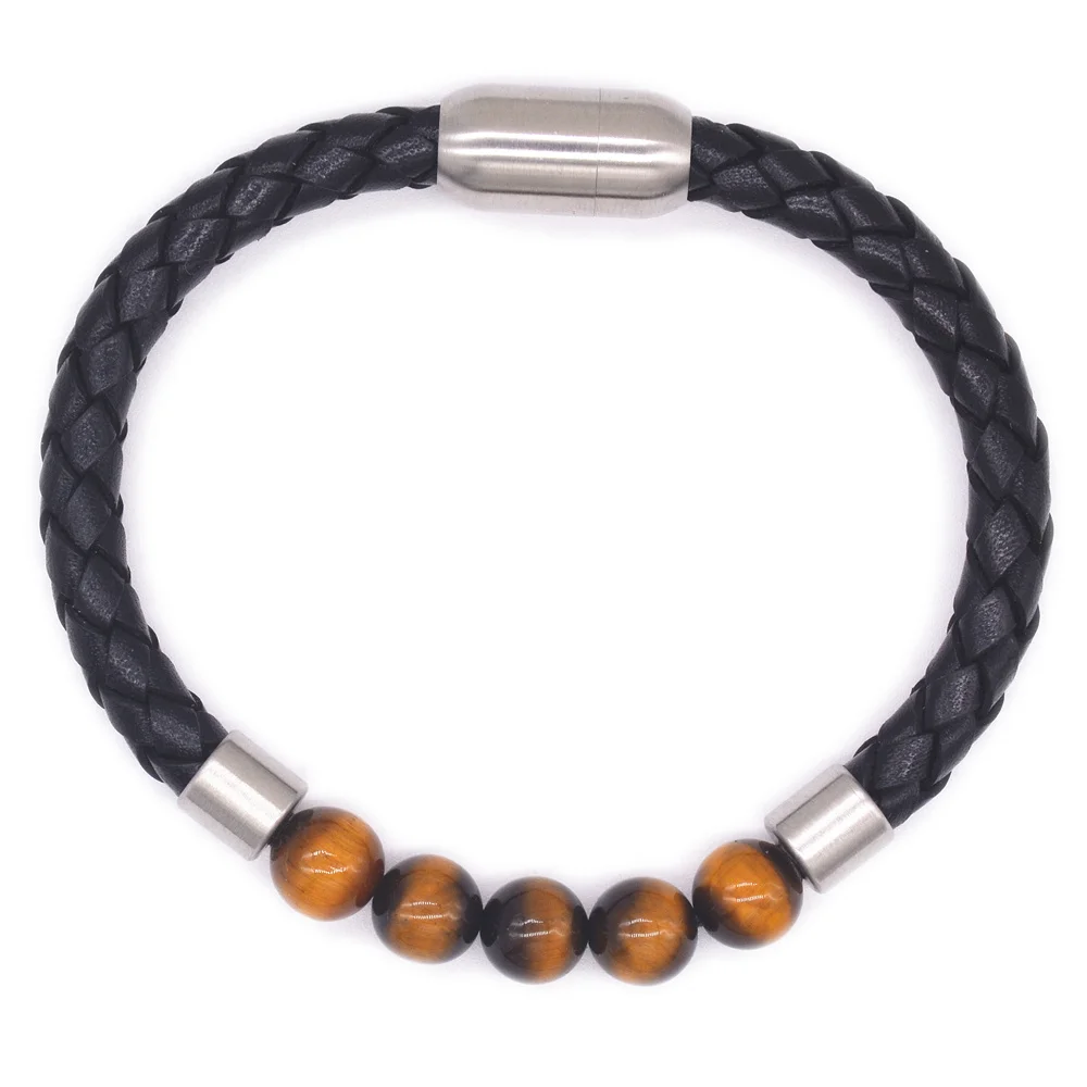 

Drop shipping Wholesale Factory Natural stone leather cuff magnetic buckle bracelet for men, Black,customized color
