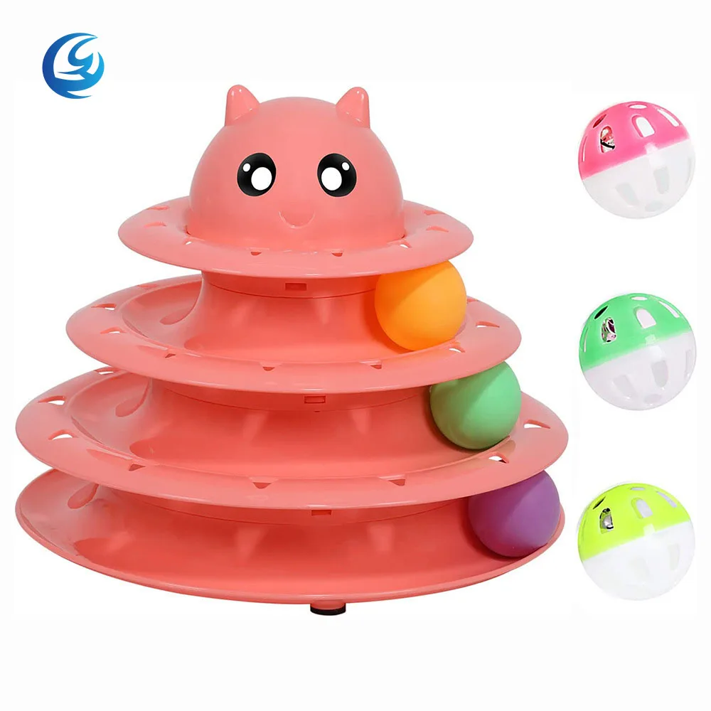 

New Arrival Cute Cat Shape Three-Tier Rolling Tower Ball Interactive Turntable Cat Toys Ball, Accept customized