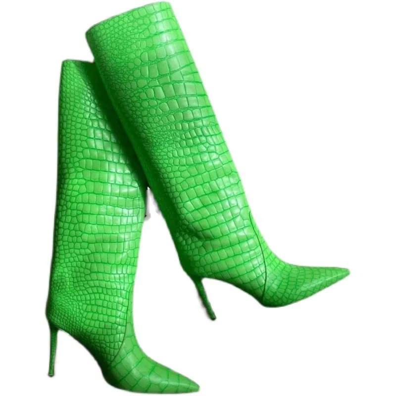 

2021 New pointy solid color skinny heels sexy runway women's boots fluorescent green high boots large size