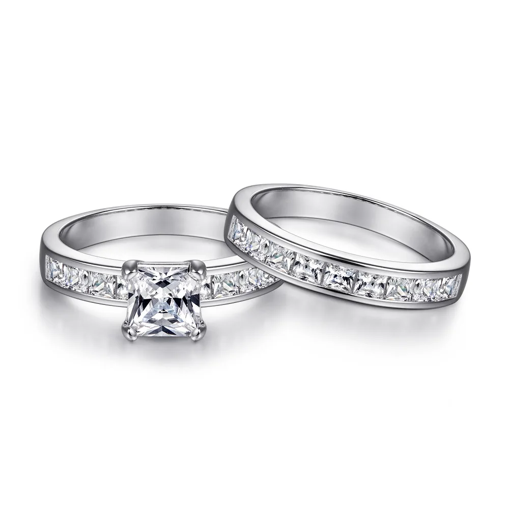 

Amazon Hot Selling Gold Plated Zircon Wedding Couple Jewelry Ring Set Crystal Diamond Rings, Silver