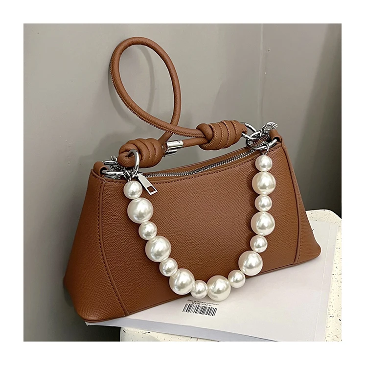 

Pearl Chain Women Fashion Bags High Quality PU Leather Shoulder Underarm Bags Textured Solid Color Summer Small Armpit Purses