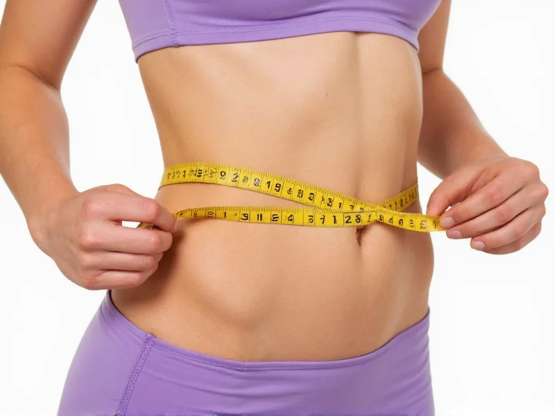 Woman measuring waist circumference with tape