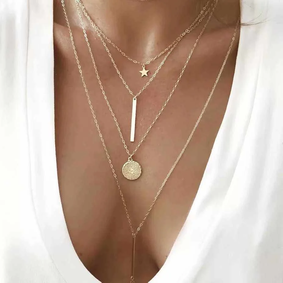 

2020 Fashion Layered Gold Thin Chain Vertical Bar Pendant Necklace For Women