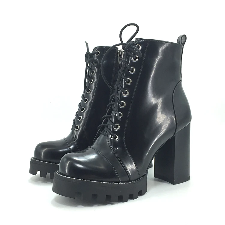 Block Heels Custom Dress Shoes Lace Up Shiny Black Patent Pu Leather Sexy Chunky Heel Platform Clear High Heel Boots