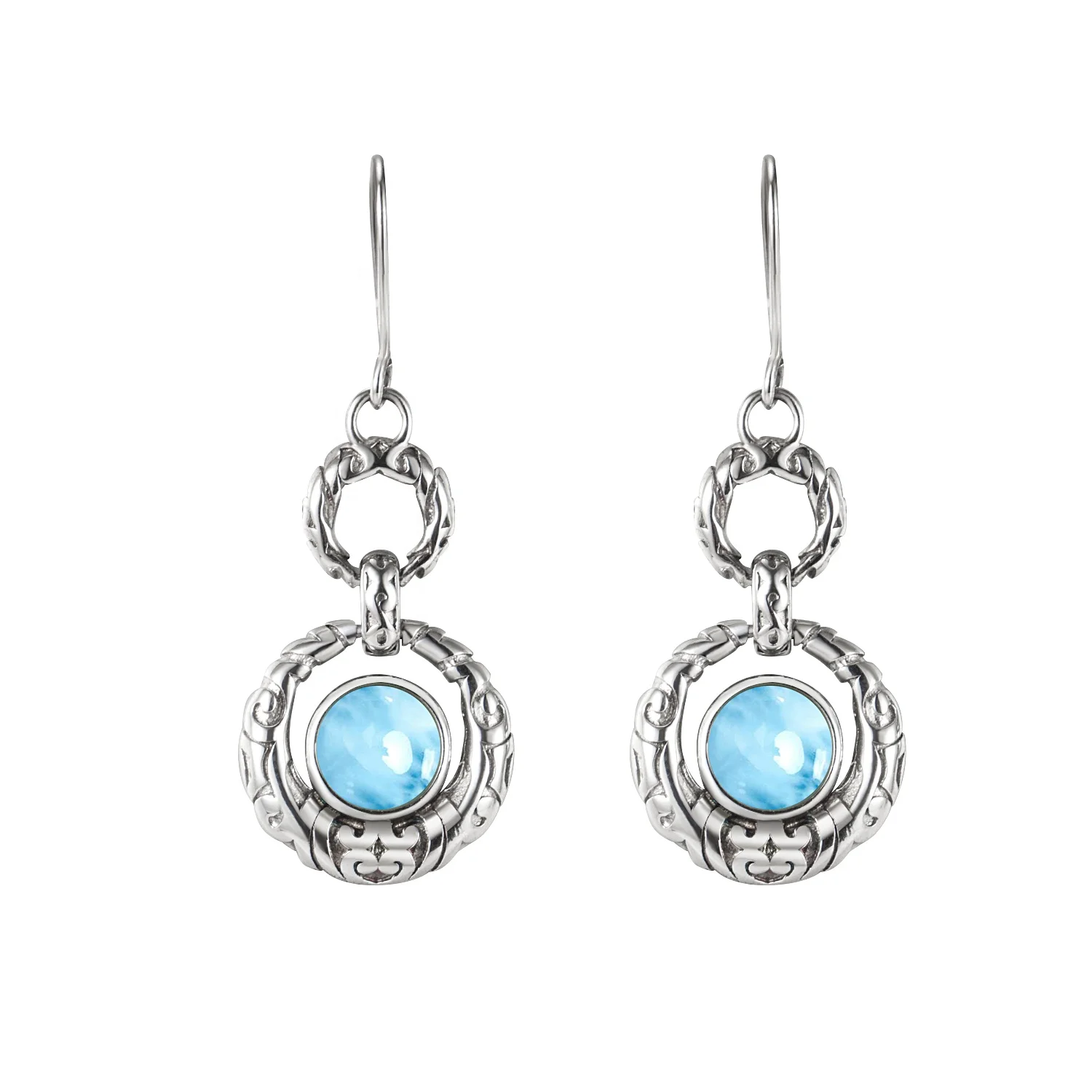 

Hot Selling Natural Gemstone Women Jewelry Round Larimar Earrings Sterling Silver Antique Dangle Earrings for Gift