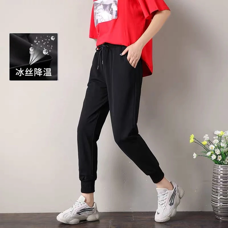 

New Sports Pants Women's Large Summer and Autumn Thin Loose Slim Solid Color Casual Haren Pants, Black