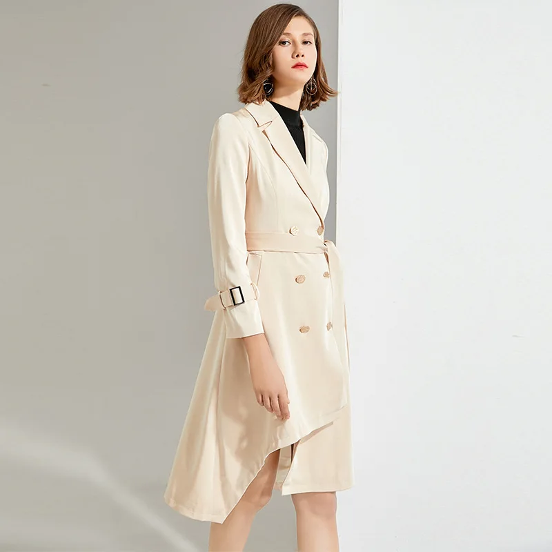 

2020 New arrivals women Solid Color Long Sleeve Asymmetric Double-Breasted ladies Trench coat long coat for women