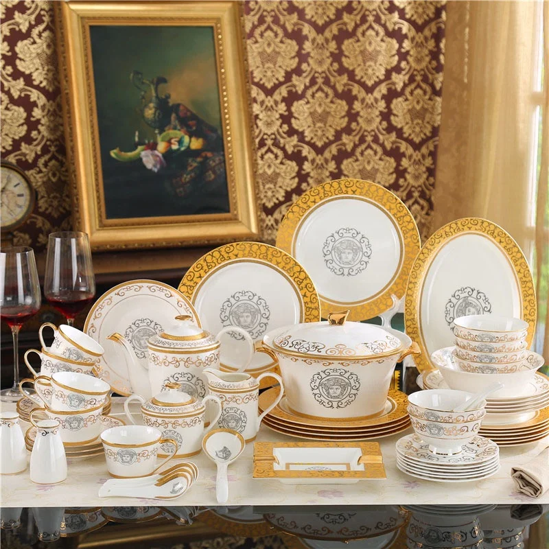 

Promotional 58 Pcs Western Europe Luxury Home Decors Gold Edge Living Room Fine Bone China Dinnerware Sets, White and gold