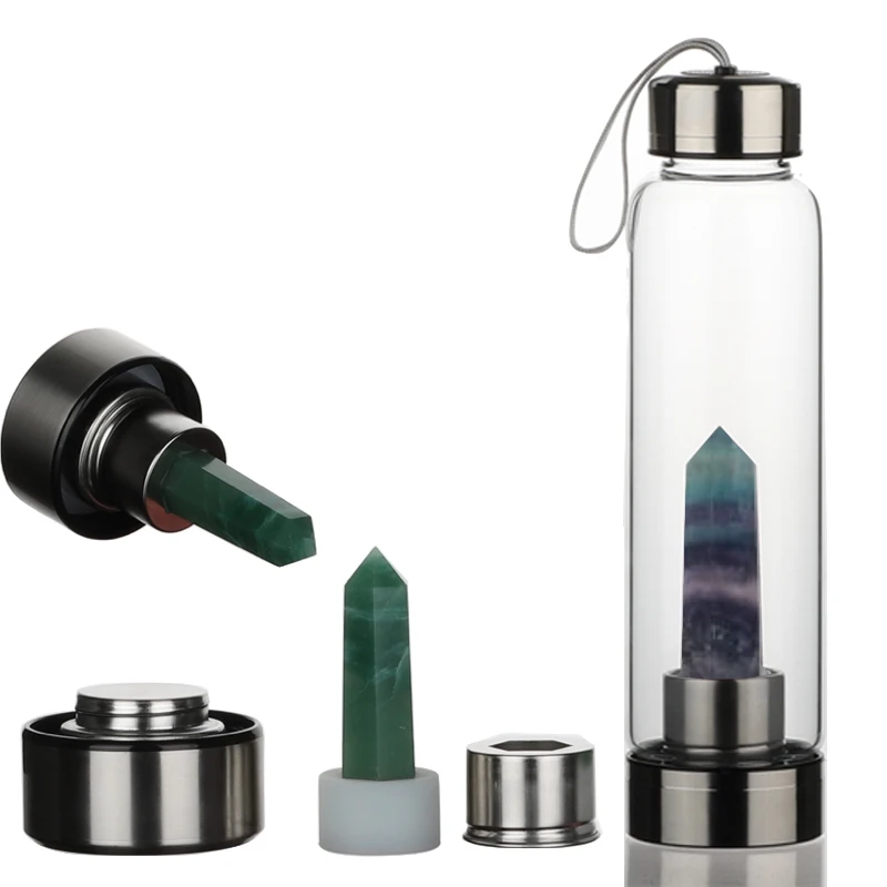 

Gem infused elixir glass stainless steel leak proof crystal water bottle, Customized color acceptable