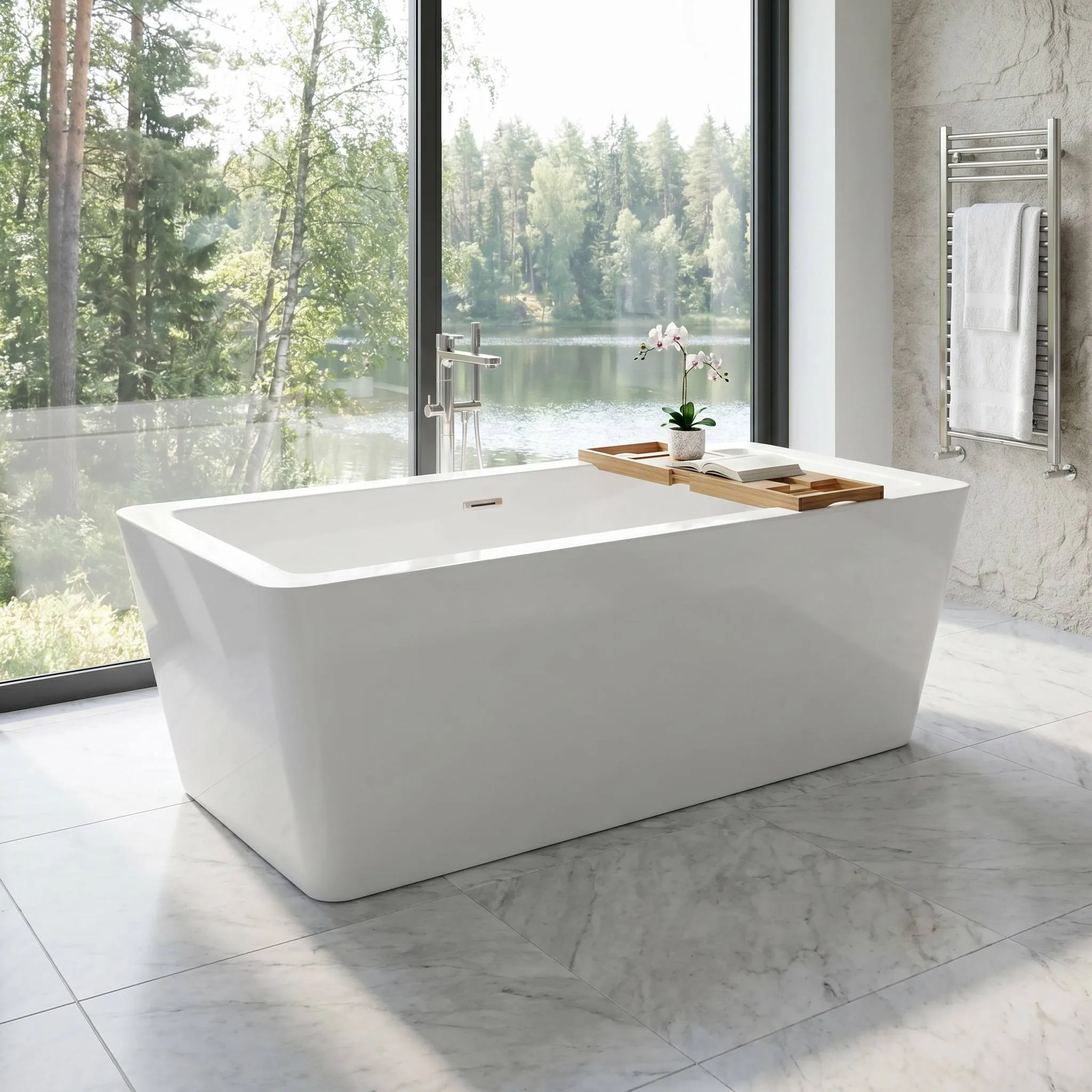 white-acrylic-bathtub-am014-freestanding-tapered-wall-lake-view-window-marble-floor