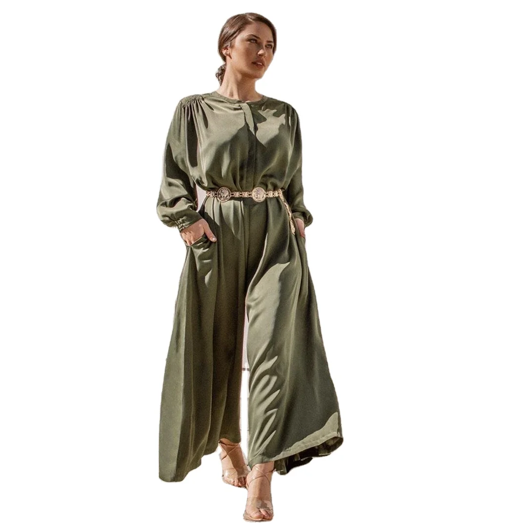 

HJ ZMJ01 Elegant Satin Solid Color islamic clothing dubai abaya plus size long jumpsuit muslim, Green,blue