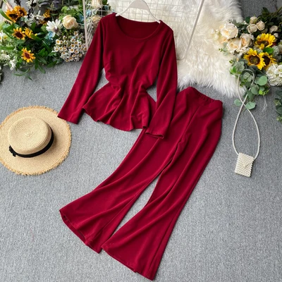 

2020 Fashion pure color long sleeve tops flared trousers women two piece set clothing