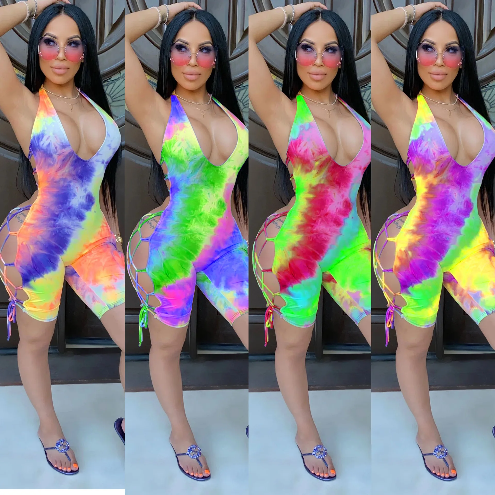 

2020 Women Tie Dye Rompers Short Jumpsuits Ladies Women Summer Bodycon Tye Dye Sexy One Piece Bodysuits Jumpsuits