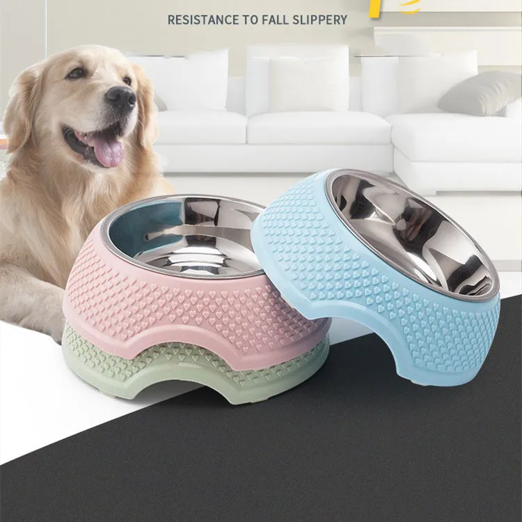 

Amazon's new heart-shaped single bowl splash-proof stainless steel dog bowl for cats, Blue/pink/green