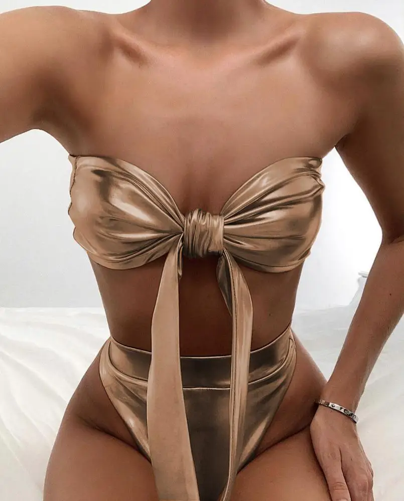 

2020 New Arrivals hot sexy two-piece gold PU leather bikini swimwear & beachwear women