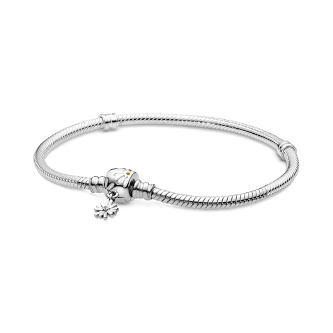 

25 Sterling Silver Moments Daisy Flower Clasp Snake Chain Bracelet Fits European Pandora Style Jewelry Charm and Beads, Sliver