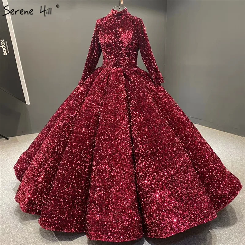 

Dubai Indigo Blue Gold Luxury Wedding Dresses 2021 Serene Hill HA2068 Sequined Long Sleeves Bridal Wedding Gowns Custom Made